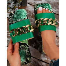 Snakeskin Wide Strap Chain Decor Slippers - green