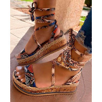 Snakeskin Woven Flax Espadrille Sandals - Multicolor