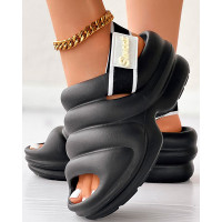 Soft Platform Slingback Beach Wedge Sandals - black