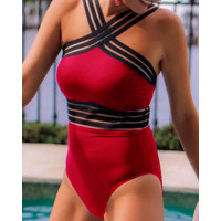 Solid Bandage One Piece Swimsuit - red