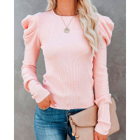 Solid Bubble Sleeve Fitting Blouse - pink