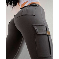 Solid Butt Lifting High Waist Sporty Pants - gray