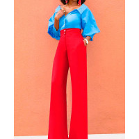 Solid Button High Waist Wide Leg Pant - red,blue,black