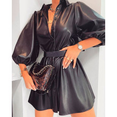 Solid Button-Up Leather Dress - black