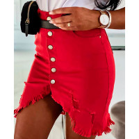 Solid Buttoned Slit Fringe Hem Skirt - red