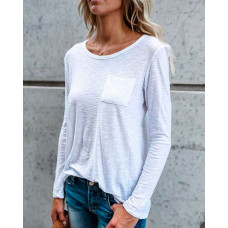 Solid Chest Pocket Long Sleeve Casual Top - white