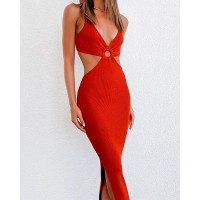 Solid Color Cut-out Skinny Waist Sleeveless Ribbed Skinny Maxi Dress - red