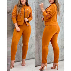 Solid Color Double Breasted Blazer & Pants Set - yellow