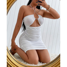 Solid Color Halter Sleeveless Cut-out Slinky Ruched Mini Dress - white