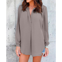 Solid Color Long Sleeve Casual Blouses - blue