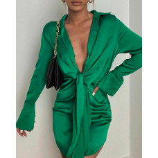 Solid Color Long Sleeve Tie Front Dress - green