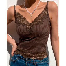 Solid Color Ribbed Splicing Lace Sling Tank - brown