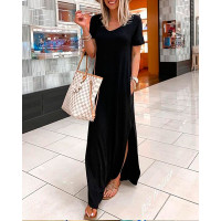 Solid Color Short Sleeve Slit Maxi Dress With Pockets - black