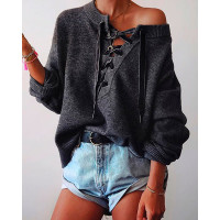 Solid Eyelet Lace-Up Elastic Hem Sweater - Dark grey