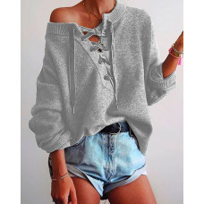 Solid Eyelet Lace-Up Elastic Hem Sweater - gray