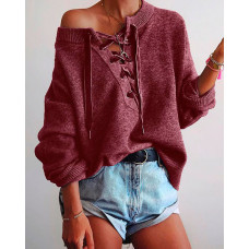 Solid Eyelet Lace-Up Elastic Hem Sweater - Wine red