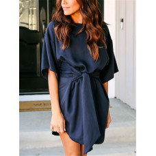 Solid Flare Sleeve Belt Casual Shirt Dress - blue