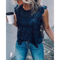 Solid Floral Eyelash Scalloped Lace Top - dark blue