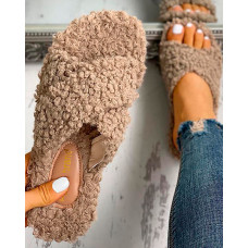 Solid Fluffy Crisscross Design Flat Sandals - Apricot