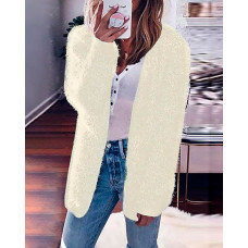 Solid Fluffy Long Sleeve Casual Cardigan - beige