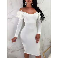 Solid Frill Design Off Shoulder Bodycon Dress - white