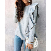 Solid Frilled Casual Blouse - gray