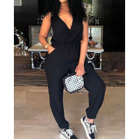 Solid Halter Backless Pocket Loose Jumpsuit - black