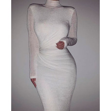 Solid High Neck Bodycon Dress - white