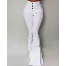 Solid High Waist Slinky Bell-bottomed Pants - white