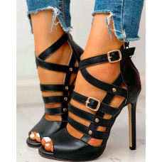 Solid Hollow Out Ankle Strap Thin Heeled Sandals - black