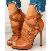 Solid Hollow Out Ankle Strap Thin Heeled Sandals - brown