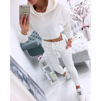 Solid Hooded Long Sleeve Drawstring Top & Pants Set - white