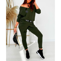 Solid Long Sleeve Casual Top & Ruched Pants Set - Army green