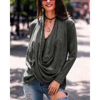 Solid Long Sleeve Drape Blouse - black