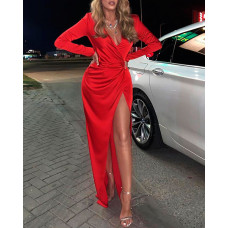 Solid Long Sleeve High Slit Ruched Dress - red