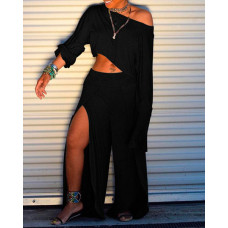 Solid Long Sleeve T-shirt & Slit Pant Sets - black