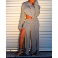 Solid Long Sleeve T-shirt & Slit Pant Sets - gray