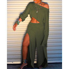 Solid Long Sleeve T-shirt & Slit Pant Sets - green