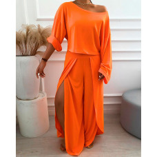 Solid Long Sleeve T-shirt & Slit Pant Sets - orange