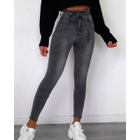 Solid Paperbag Waist Denim Pants - gray