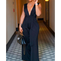 Solid Plunge Backless Wide Leg Jumpsuit - black