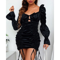 Solid Puff Sleeve Drawstring Ruched Mini Dress - black