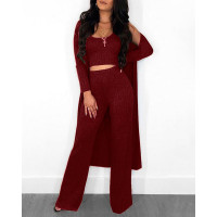 Solid Ribbed Tank & Longline Coat & Wide Leg Pants Sets - Wine red