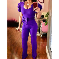 Solid Ruffles Bowknot Belted Slinky Jumpsuit - purple