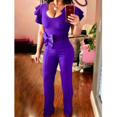 Solid Ruffles Bowknot Belted Slinky Jumpsuit - purple