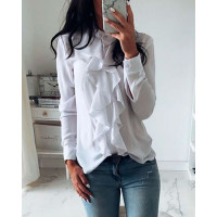 Solid Ruffles Design Long Sleeve Casual Blouse - white