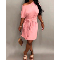 Solid Self-belted Cutout Back Casual Dress - pink