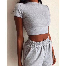 Solid Short Sleeve Casual Top & Short Set - gray