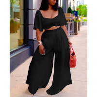 Solid Short Sleeve Loose T-shirts With Wide Leg Pant Suit Sets - black