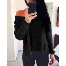 Solid Side Slit Long Sleeve Casual Sweater - black